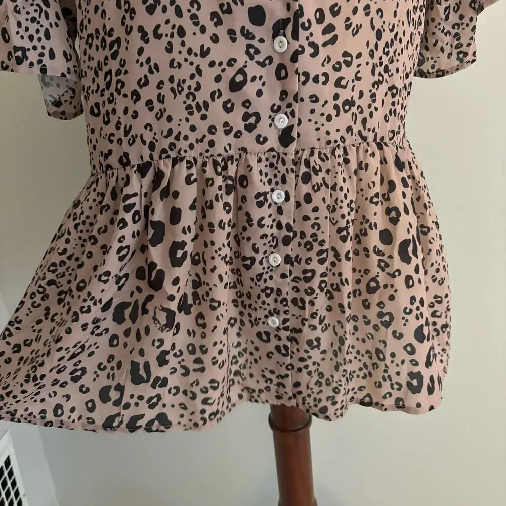 SHEIN Leopard Cheetah Print Brown Black Short Sleeve Top Button-Up Peplum Mediun - Picture 4 of 8
